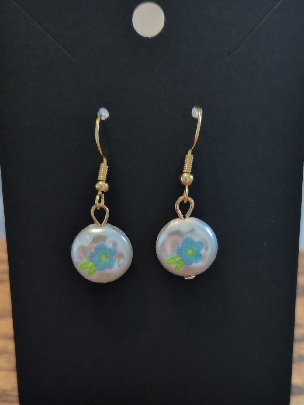 Gold-Tone Earrings with Blue Floral Pearl Drops